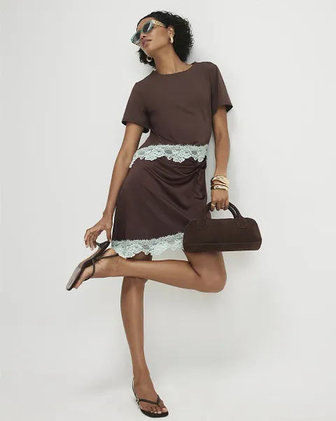 River Island Lace Satin Ruched Mini T-Shirt Dress