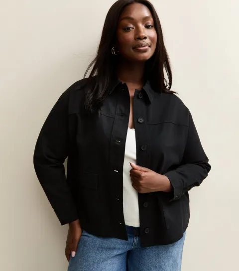 Women's Plus Size Black Cotton Flap Pocket Shacket Curves