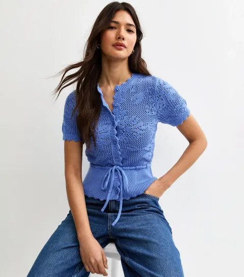 New Look Women's Blue Cotton Rich Tie Waist Floral Knit Short Sleeve Cardigan Top
