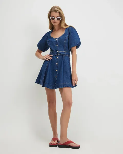 River Island Denim Puff Sleeve Mini Dress