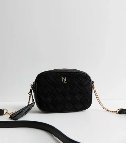 Black Faux Leather Woven Panel Crossbody Bag Vegan