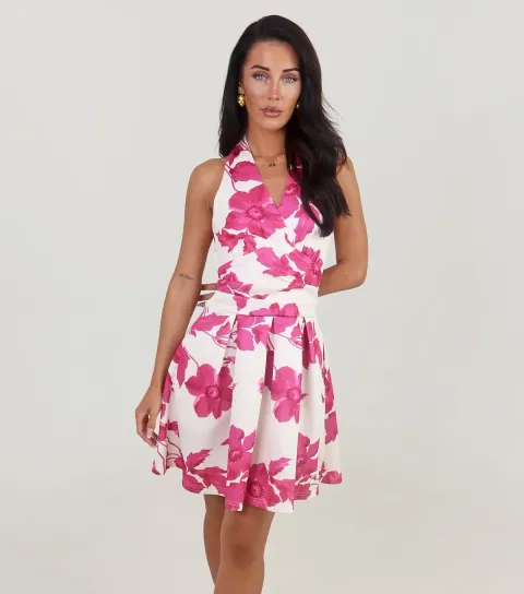Women's Pink Tie Halter Neck Mini Dress