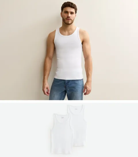 Men's Pack of 2 White Muscle Fit Ribbed Vest Tops