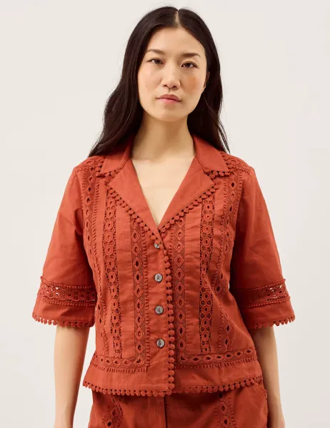 Monsoon Pure Cotton Lace Trim Shirt Brown