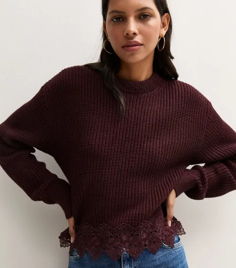 New Look Women's Dark Burgundy Chunky Knit Lace Hem Jumper