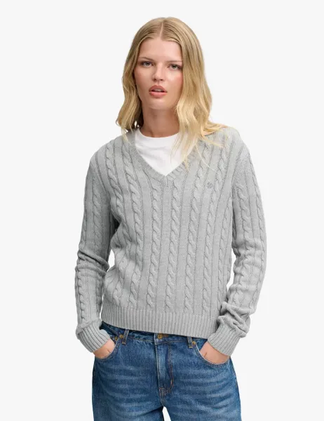 Superdry & Co Pure Cotton Cable Knit V-Neck Jumper Light Grey