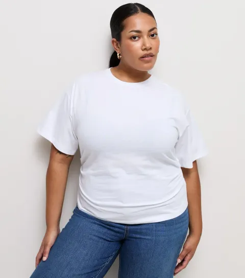 Women's Plus Size White Ruched Sides Corset Waist T-Shirt Curves