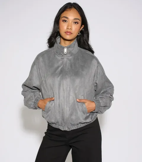 Women's Dark Grey Faux Suede Bomber Jacket