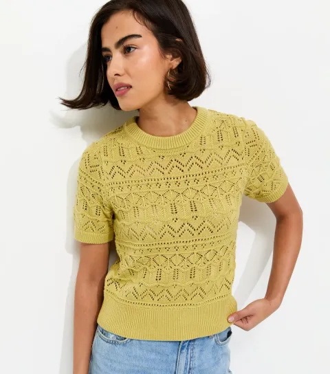 Women's Green Cotton Rich Patterned Knit Short Sleeve Top