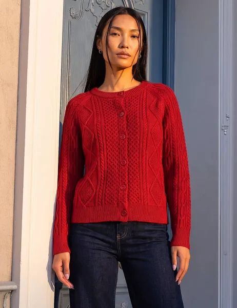Roman Cable Knit Cardigan Burgundy Mix