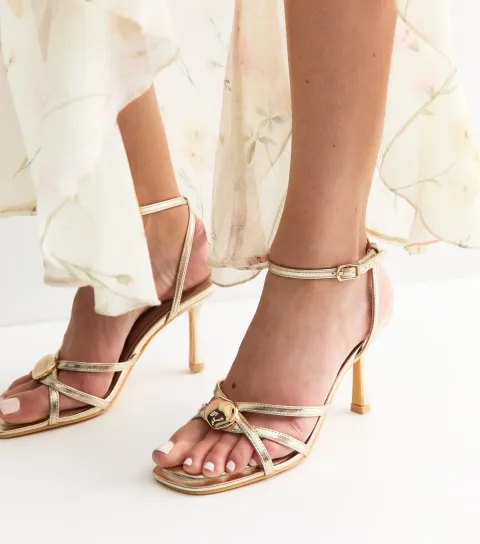 New Look Women's Gold Faux Leather Sculpted Charm Detail Strappy Sandals Vegan