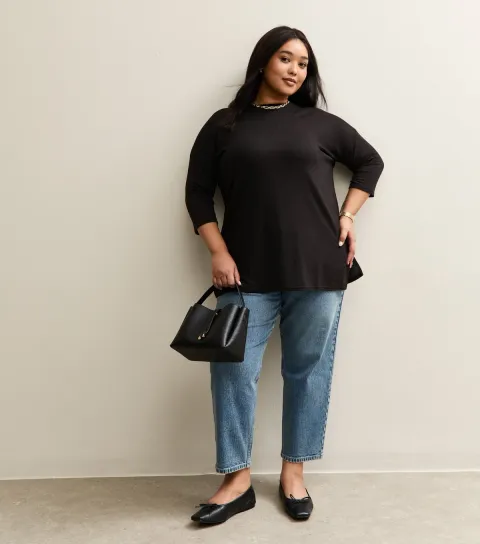 New Look Women's Plus Size Black Soft Touch Crop Sleeve Top Curves