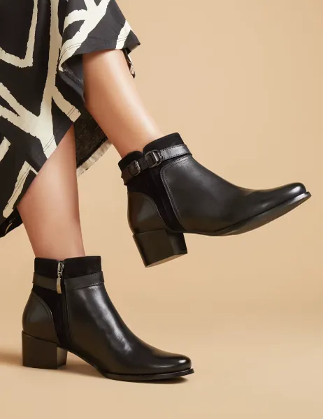 Leather Buckle Block Heel Ankle Boots Black