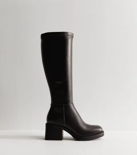 Women's Dark Brown Stretchy Faux Leather Square Toe High Leg Boots Vegan
