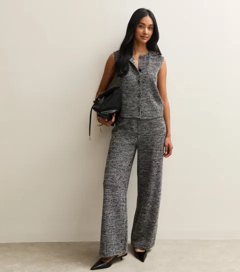 Women's Black Soft Touch Ribbed Knit Wide Leg Trousers