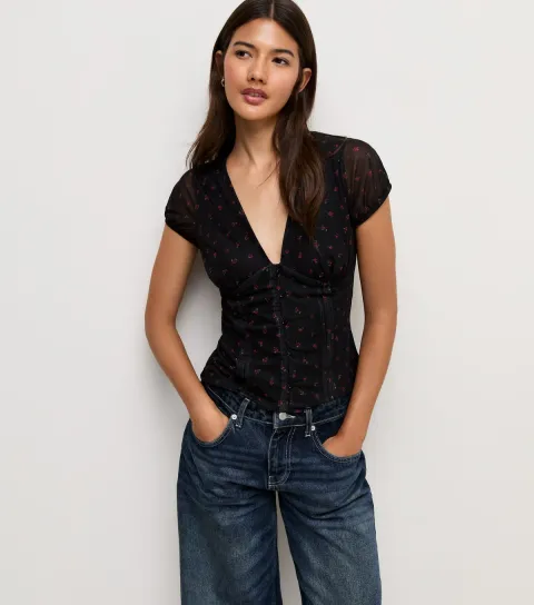 Women's Black Mesh Ditsy Floral V-Neck Top