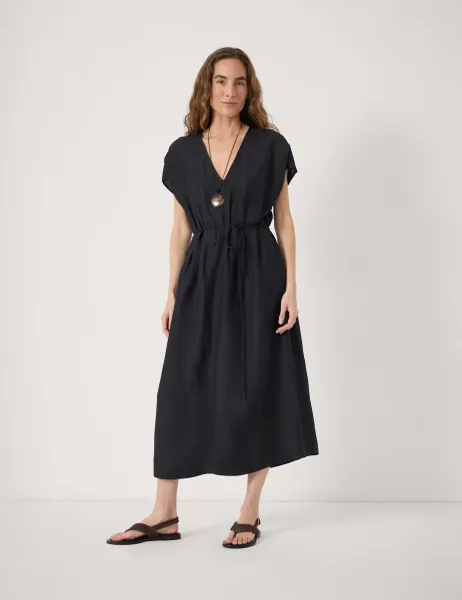 HUSH Linen Blend V-Neck Midi Waisted Dress Black