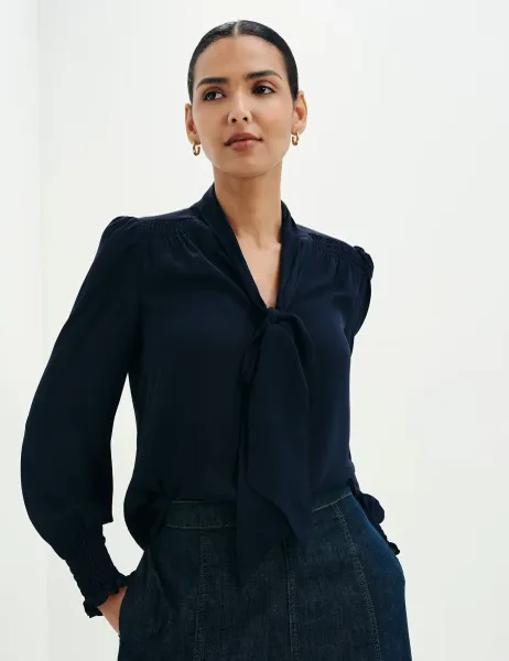 Finery London Tie Neck Button Through Blouson Sleeve Blouse Navy