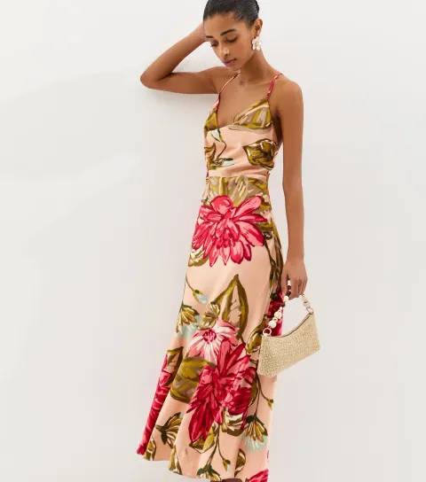 Women's Coral Satin Large Florals Cowl Neck Maxi Dress