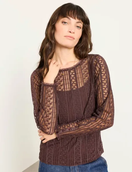 FatFace Lace Round Neck Top Chocolate