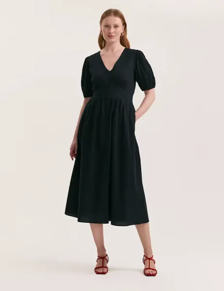 Finery London Pure Cotton V-Neck Midi Tea Dress Black