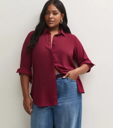 New Look Women's Plus Size Bright Red Long Sleeve Shirt Curves