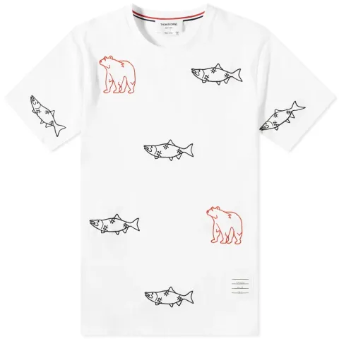 Bear And Salmon Embroidered T-Shirt