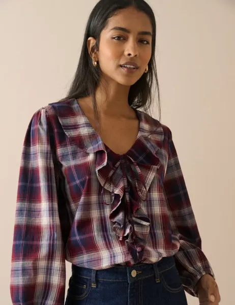 Nobody's Child Checked V-Neck Frill Detail Blouse Red Mix