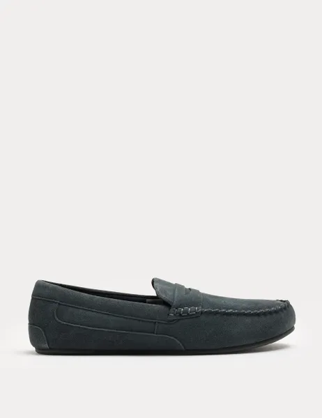 Marks & Spencer Suede Moccasin Slippers with Freshfeet Med Blue Denim