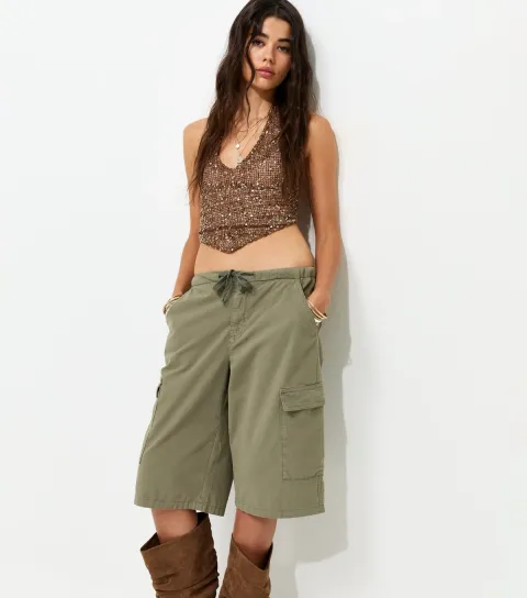 Women's Dark Khaki Cotton Cargo Pocket Jort Shorts