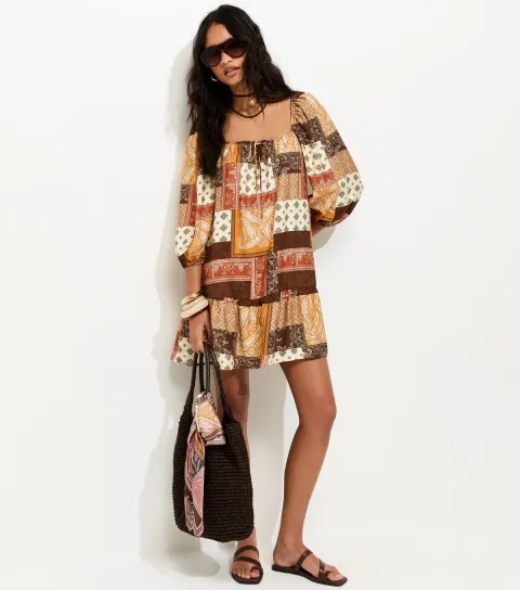 Women's Brown Patchwork Print Smock Mini Dress