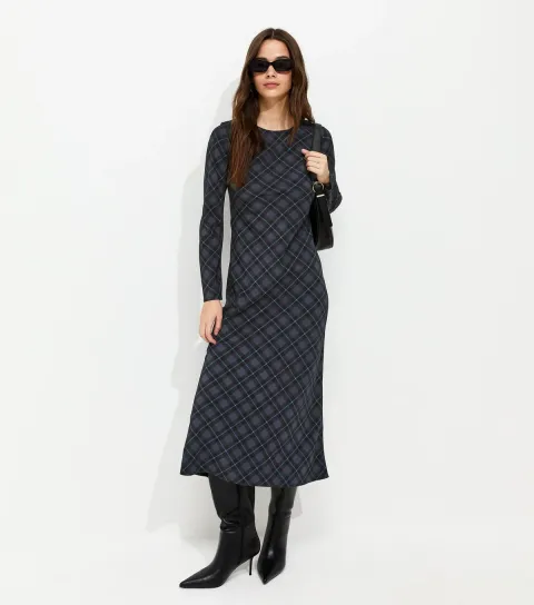 Women's Blue Check Pattern Column Midaxi Dress