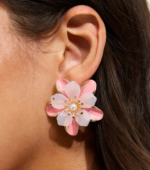 Light Pink Enamel Flower Stud Earrings
