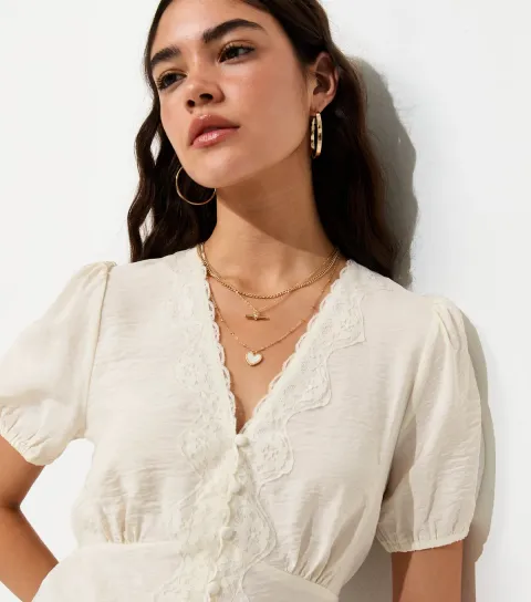 Women's Off White Lace Button Tea Blouse