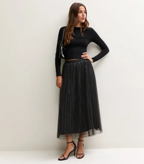 New Look Women's Black Sequin Tulle Midi Skirt