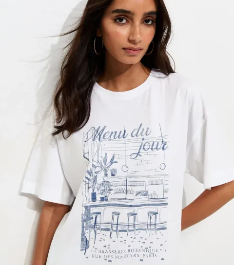 Women's White Cotton Menu du Jour Print Oversized T-Shirt
