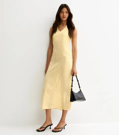 New Look Women's Yellow Spot Print Cowl Neck Halter Satin Midi Dress