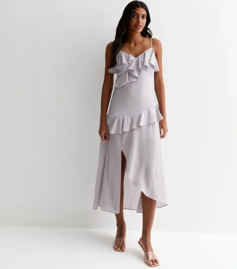 New Look Women's Pale Grey Jacquard Strappy Ruffle Split Hem Midi Dress