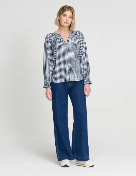 Finery London Pure Cotton Gingham V-Neck Blouse Navy Mix
