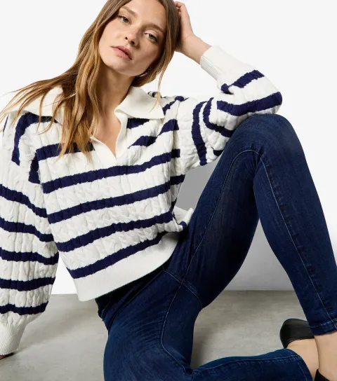Women's White Striped Cable Knit Jumper