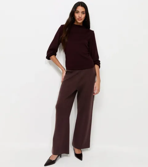 Women's Dark Burgundy Compact Knit Wide Leg Trousers