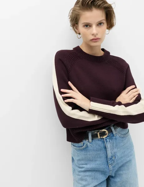 Marks & Spencer Cotton Rich Striped Crew Neck Jumper Dark Aubergine