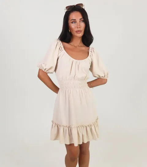 AX Paris Women's Stone Puff Sleeve Frill Hem Mini Dress