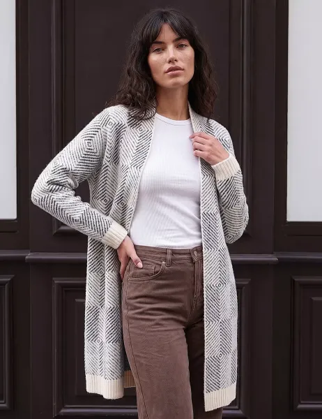 Roman Checked Longline Cardigan Ivory Mix