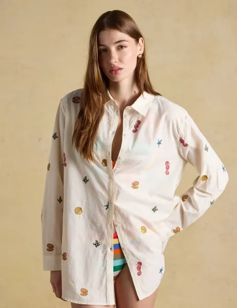 Joules Pure Cotton Embroidered Longline Shirt Cream Mix