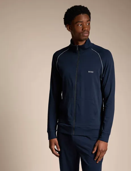 Boss Cotton Rich Zip Up Jacket Navy