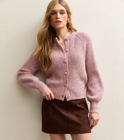 New Look Women's Pink Ribbed Knit Raglan Sleeve Cardigan