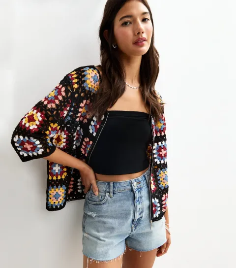 Women's Black Crochet Boxy Bomber Jacket