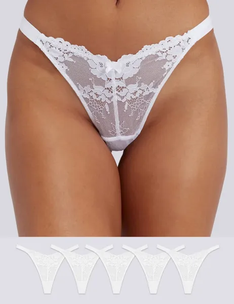 Boux Avenue 5pk Fran Lace High Leg Thongs White