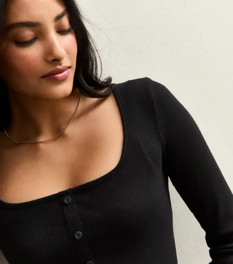 Women's Black Square Neck Button Detail Long Sleeve Top